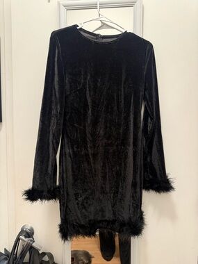 Black Velvet Long-sleeved Mini Dress with Feather Trim